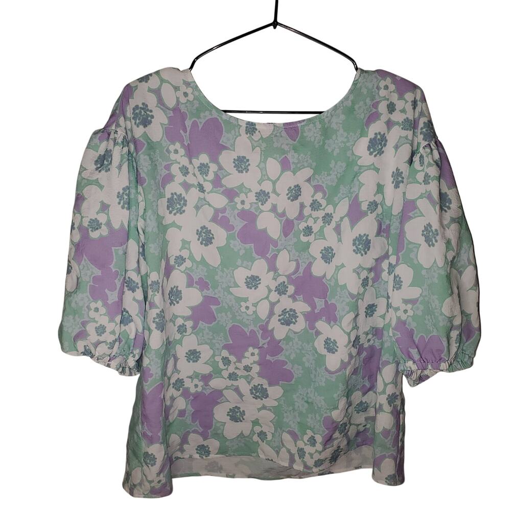 Ruby Rd Floral Puff Sleeve Cottagecore Spring Blouse Top L